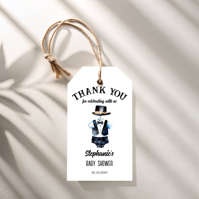 Svart tuxedo-mödravård presentetikett (Little man cute black tuxedo hat baby shower favors personalized thank you favor gift tags)