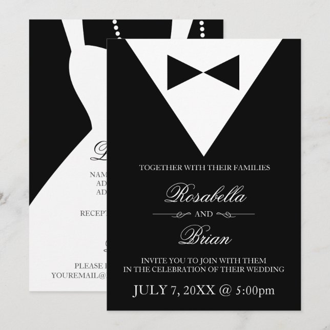 Svart Tuxedo- och White Dress Wedding-inbjudningar Inbjudningar (Fram/baksida)