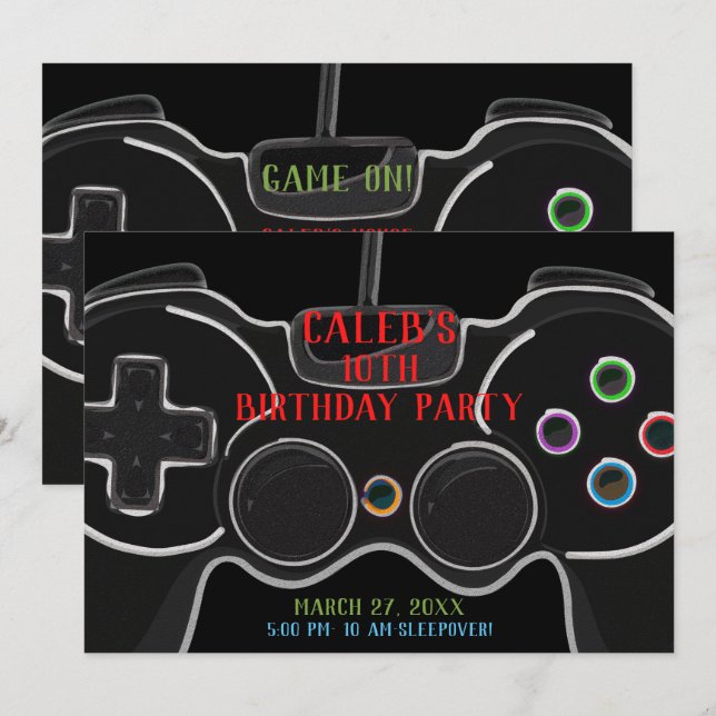 Svart TV-spelskontroll Födelsdagsfest Inbjudningar (Fram/baksida)