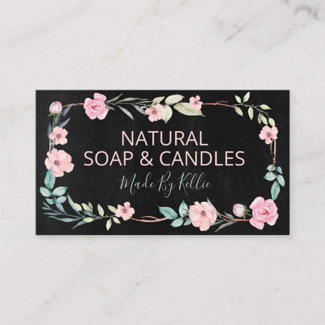 Svart tvättväv av kranar, handgjorda tvål och ljus visitkort (Framsida)