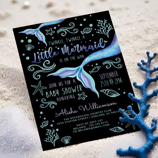 Svart Twinkle Twinkle Iridescent Ocean Sjöjungfru  Inbjudningar (Twinkle Twinkle Iridescent Ocean Mermaid Black Invitation)