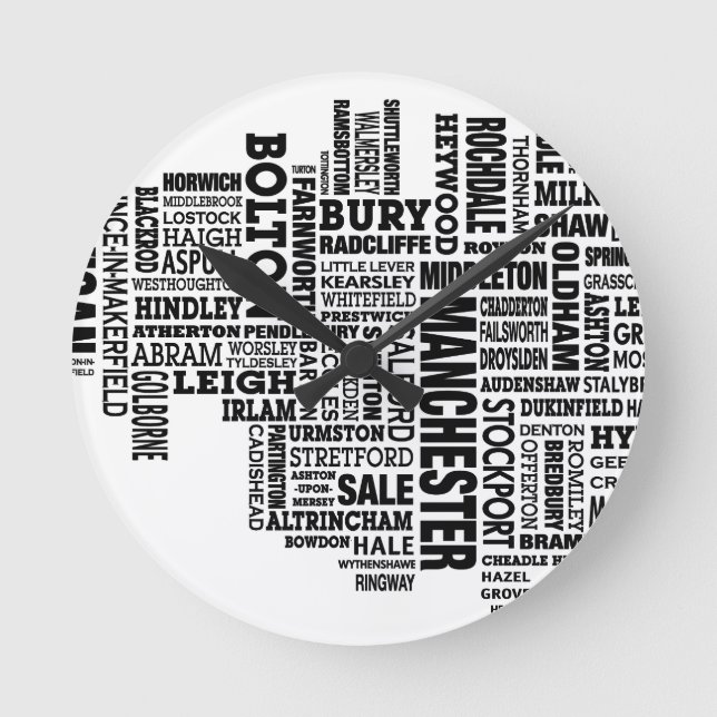 Svart typkarta av mer underbara Manchester Rund Klocka (Framsida)