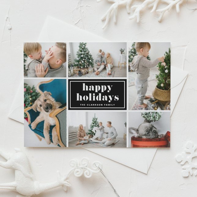 Svart typografi God Jul Foto Collage Magnetisk Inbjudningskort (Customizable photo collage holiday magnet featuring happy holidays in retro bold typography.)