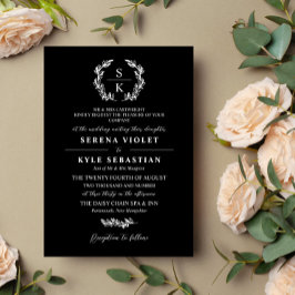 Svart typografi lagerkrans monogram bröllop inbjudningar