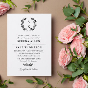 Svart typografi Laurel- utandningsmonogram Bröllop Inbjudningar