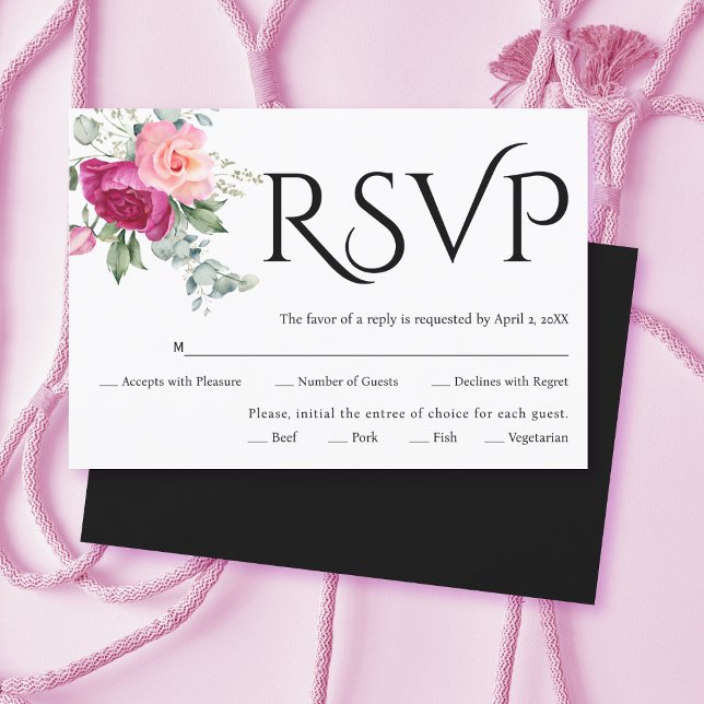 Svart typografi, rosa ros blommor bröllop OSA kort (Skapare uppladdad)