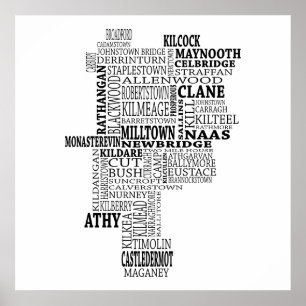 Svart typografisk karta av Co. Kildare, Irland Poster