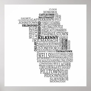Svart typografisk karta av Co. Kilkenny, Irland Poster
