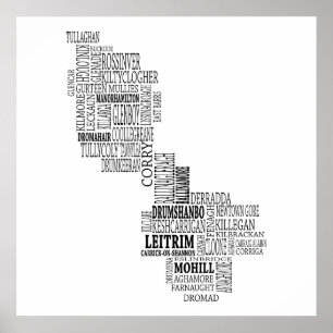 Svart typografisk karta av Co. Leitrim, Irland Poster