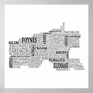 Svart typografisk karta av Co.-limericken, Irland Poster