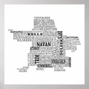 Svart typografisk karta av Co. Meath, Irland Poster