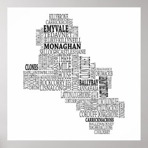 Svart typografisk karta av Co. Monaghan, Irland Poster