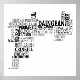 Svart typografisk karta av Co. Offaly, Irland Poster
