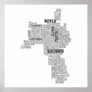 Svart typografisk karta av Co. Roscommon, Irland Poster
