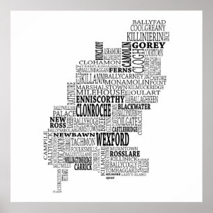 Svart typografisk karta av Co. Wexford, Irland Poster