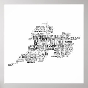 Svart typografisk karta av ståndsmässiga Clare, Poster
