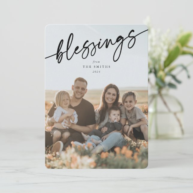 Svart typografiskt skript med eleganten Blessings Julkort (Stående Fram)