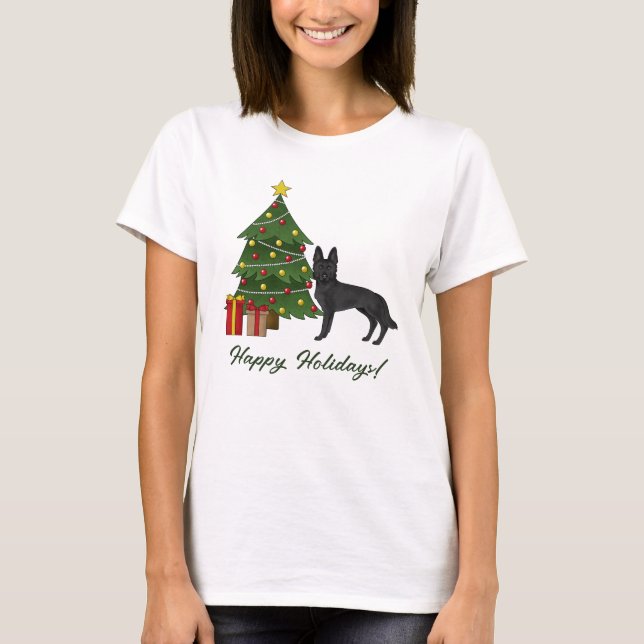 Svart tysk herde och Festive Julgran T Shirt (Framsida)