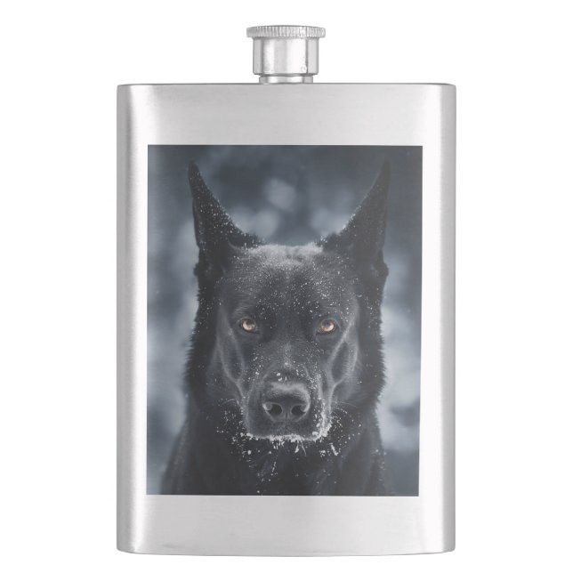 Svart tysk herdehund fickplunta (Framsidan)