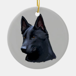 Svart tysk herdehund julgransprydnad keramik