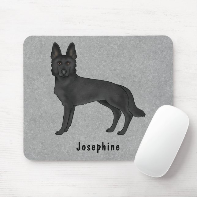 Svart tysk schäferhund och anpassat namn grått musmatta (Med mus)