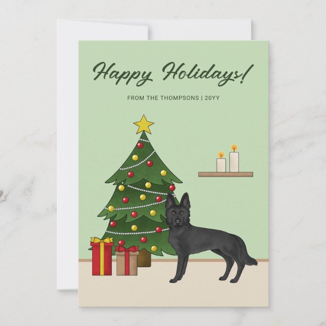 Svart tysk schäferhund och festlig julgran julkort (Framsida)