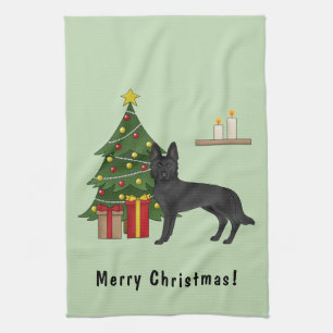 Svart tysk schäferhund och festlig julgran kökshandduk