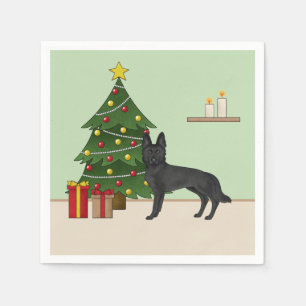 Svart tysk schäferhund och festlig julgran pappersservett