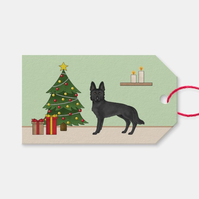 Svart tysk schäferhund och festlig julgran presentetikett (Framsidan (Horisontell))