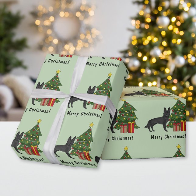 Svart tysk schäferhund och festlig julgran presentpapper (Skapare uppladdad)