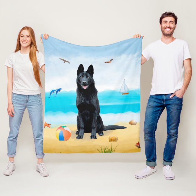 Svart Tysk Schäferhund på strand Fleecefilt (På plats)