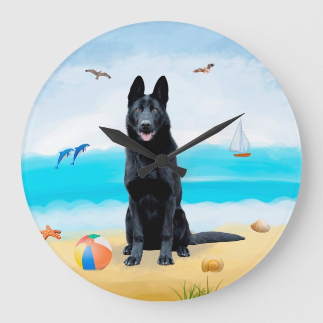 Svart Tysk Schäferhund på strand Stor Klocka (Framsida)