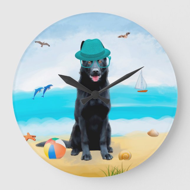 Svart Tysk Schäferhund på stranden Stor Klocka (Framsida)