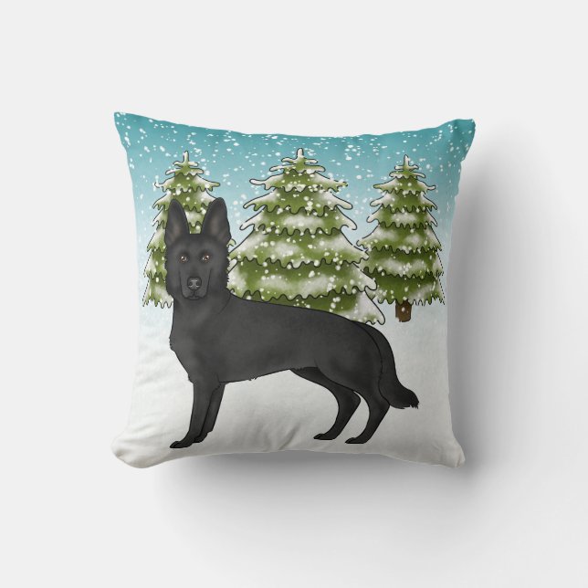 Svart Tysk Schäferhund Snöig Tid Vinter Skog Kudde (Framsida)