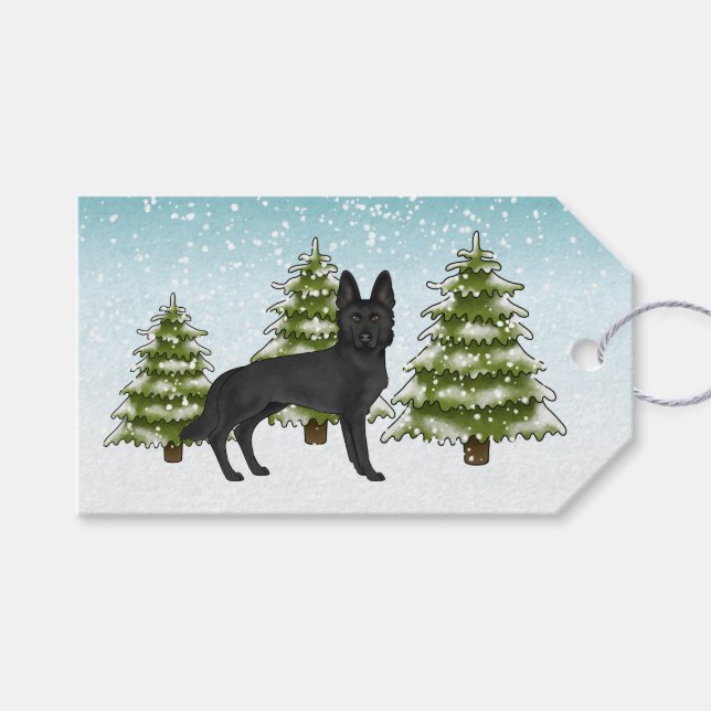Svart Tysk Schäferhund Snöig Vinter Skog Presentetikett (Framsidan (Horisontell))