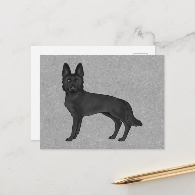 Svart tysk schäferhund Söt tecknad GSD hund Grå Vykort (Fram/Back In Situ)