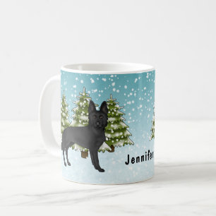 Svart tysk schäferhund vinter skog med namn kaffemugg