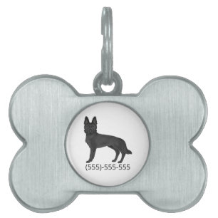 Svart tyskt vallhundseriehund och telefonnummer ID-bricka husdjur