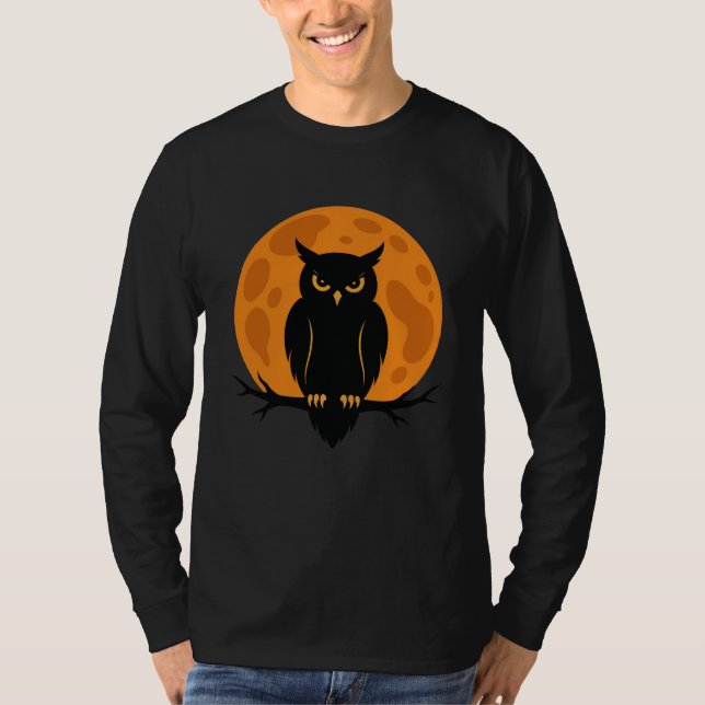 Svart Uggla & Fullmåne Halloween-design T Shirt (Framsida)