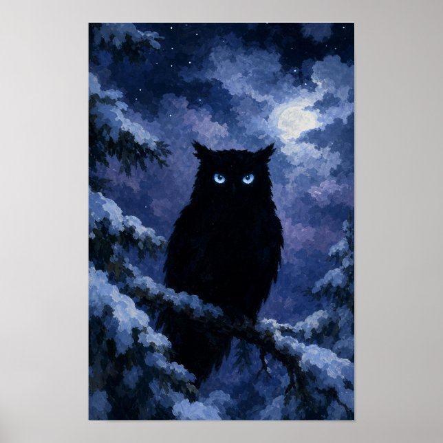 	 Svart Uggla i Snöig Natt Poster (Framsidan)