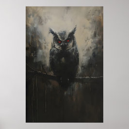 Svart uggla med röda ögon på gren i skogsmark poster