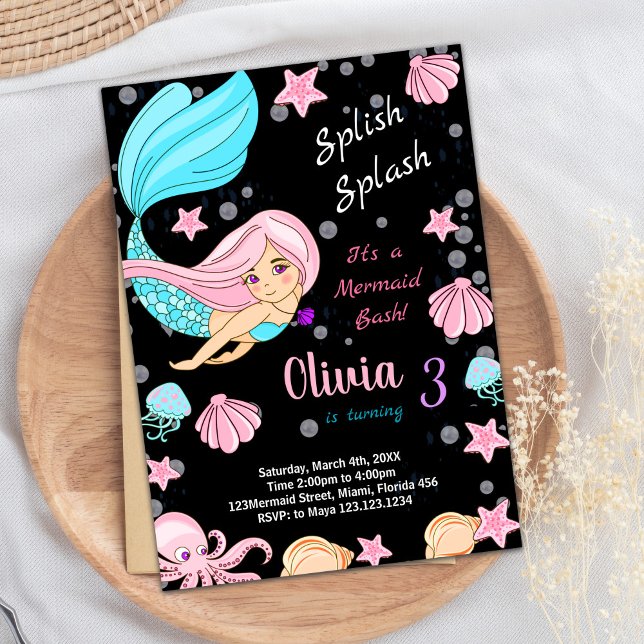 Svart under Sjöjungfrun Havets födelsedag Inbjudningar (Black Under the sea Mermaid Birthday Invitations)