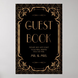 Svart Underbar Gatsby Art Deco Guest Bok-tecken Poster