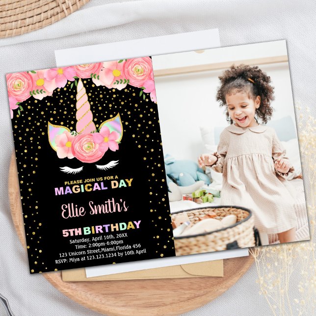 Svart Unicorn-födelsedagsinbjudan med foto Inbjudningar (Black Unicorn Birthday Invitations with photo)