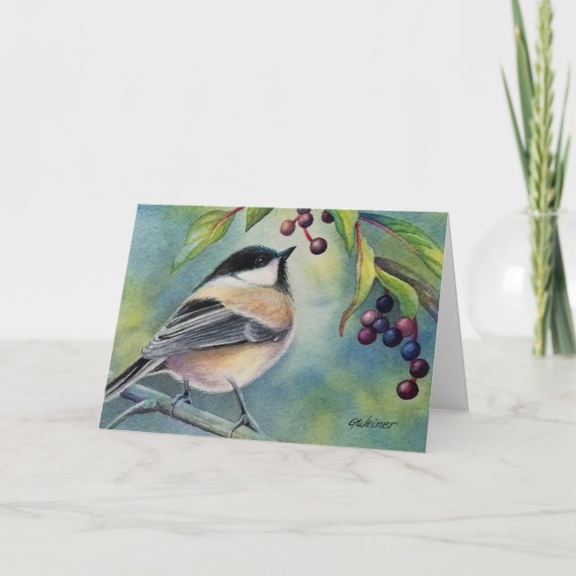 Svart utklädd Chickadee Bird Berries Watercolor Ar Kort (Framsida)