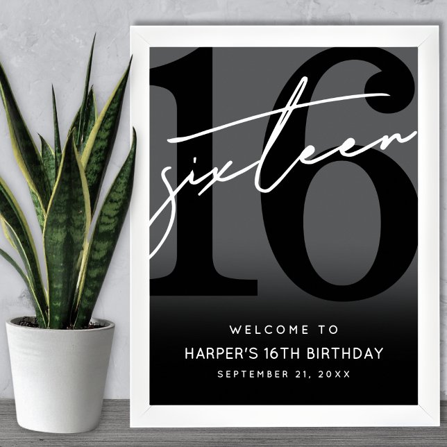 Svart välkomstskylt för 16-årsfest poster (Black 16th Birthday Party Welcome Sign )