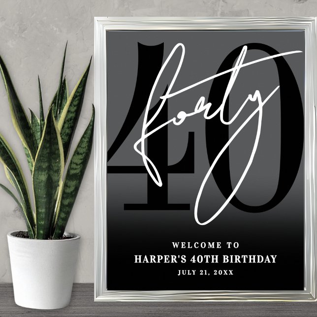 Svart välkomstskylt för 40-årsfest poster (Black 40th Birthday Party Welcome Sign)