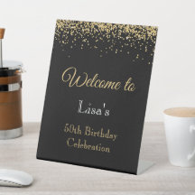Svart välkomstskylt med guldglitter för 50-årsfira