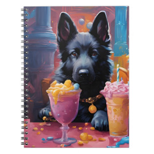 Svart vallhundvalp, glass anteckningsbok
