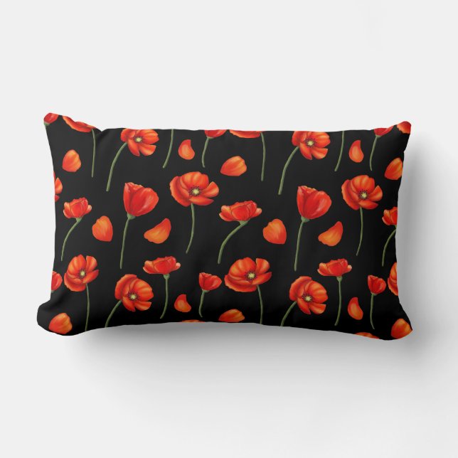 svart vallmo mönster lumbarkudde (Framsida)